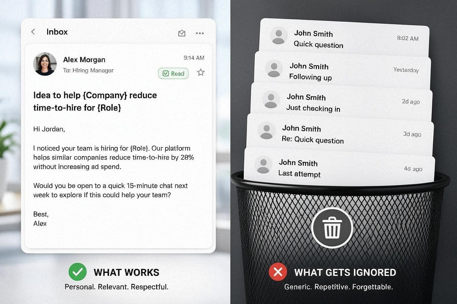 Split view of a short personalized hiring-manager email marked as read versus a stack of identical AI template messages in the trash