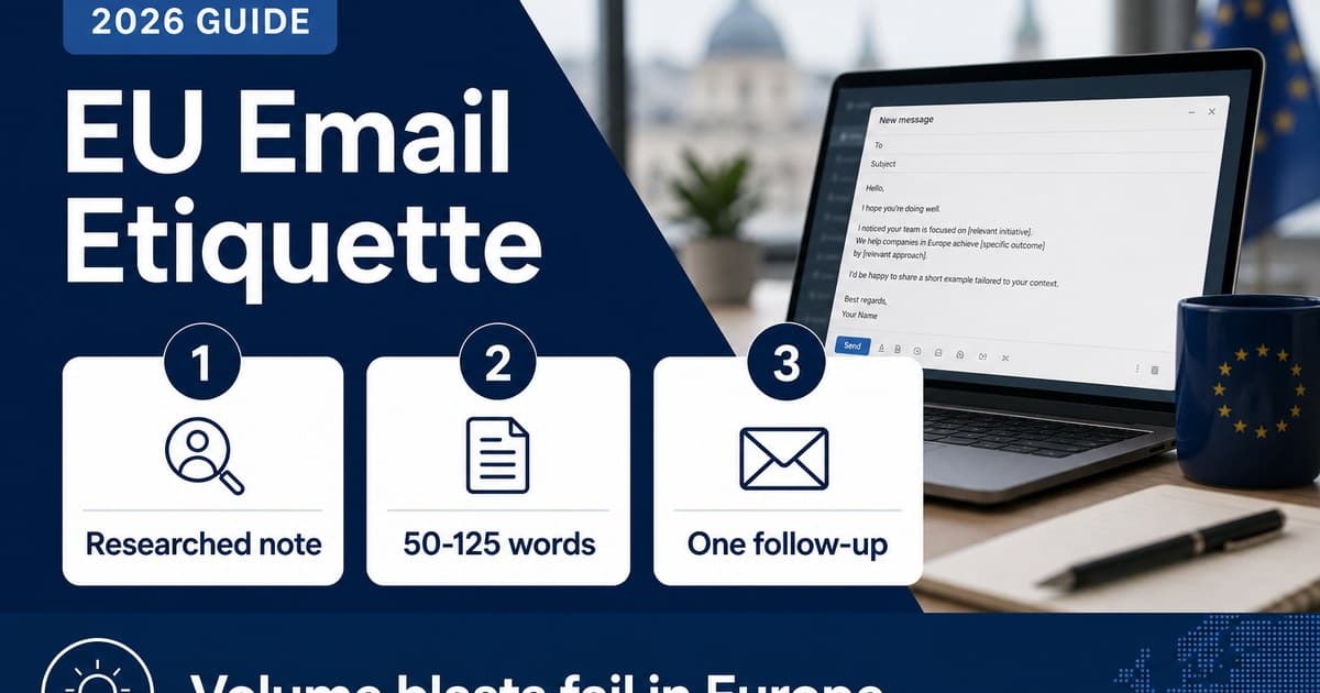 EU email etiquette 2026 guide infographic with three steps: researched note, 50 to 125 words, and one follow-up