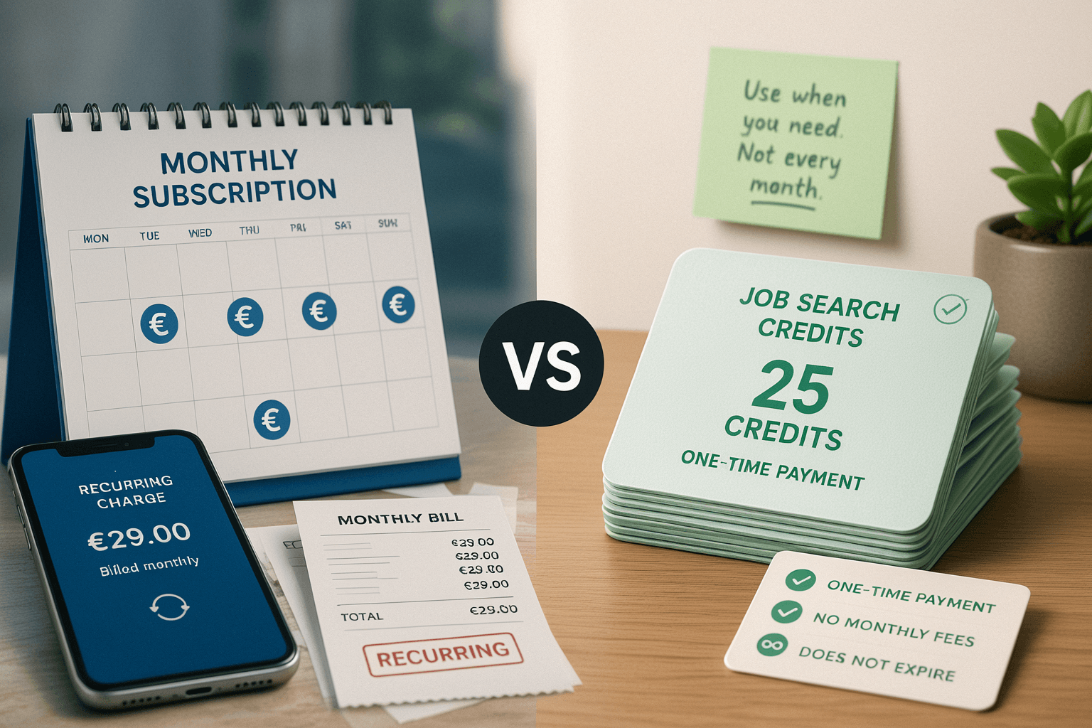 Calendar with recurring monthly charges beside a single stack of job-search credits that do not expire