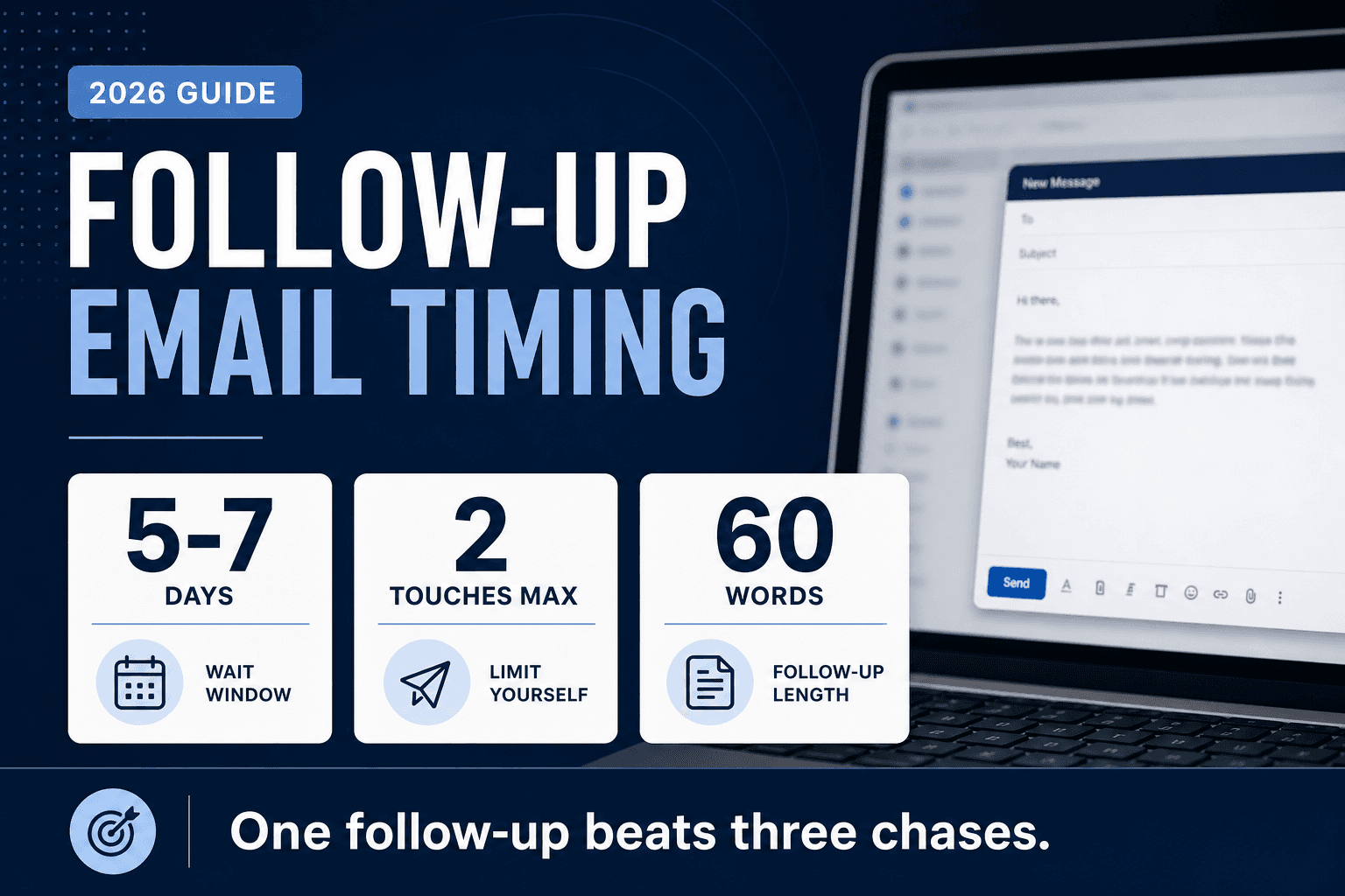 Job search follow-up email timing infographic with 5 to 7 day window, two-touch limit, and brief email draft on a laptop