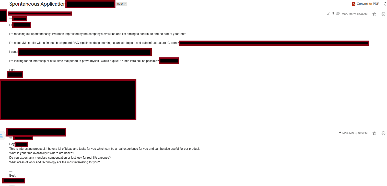 A real PitchHired cold email and the hiring team's reply