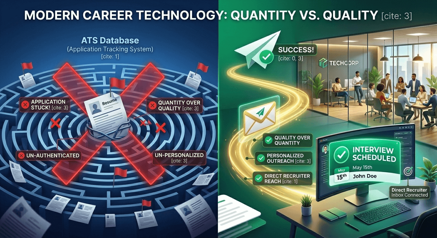 Visual of an applicant trapped in an ATS portal maze versus a direct Gmail path to a hiring manager inbox bypassing automated filters
