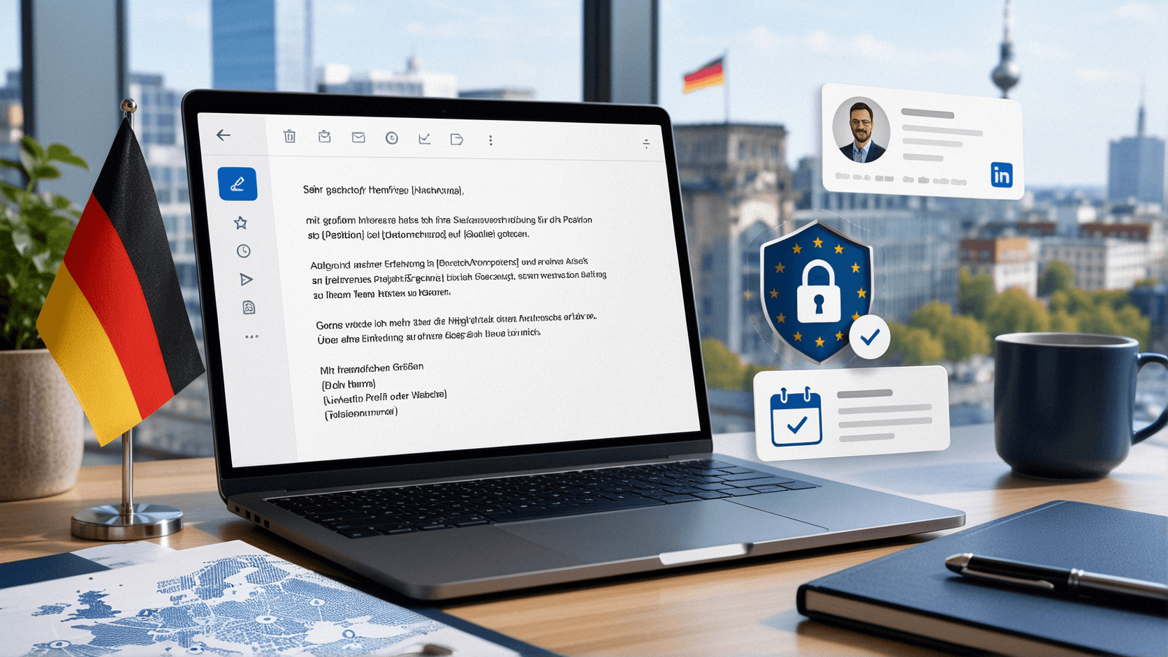 Professional email on a laptop beside a simplified map outline of Germany, suggesting targeted job outreach
