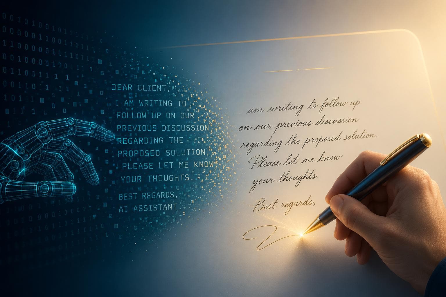 Illustration contrasting a robotic AI-generated cover letter with a human-sounding personalised cold email to a hiring manager