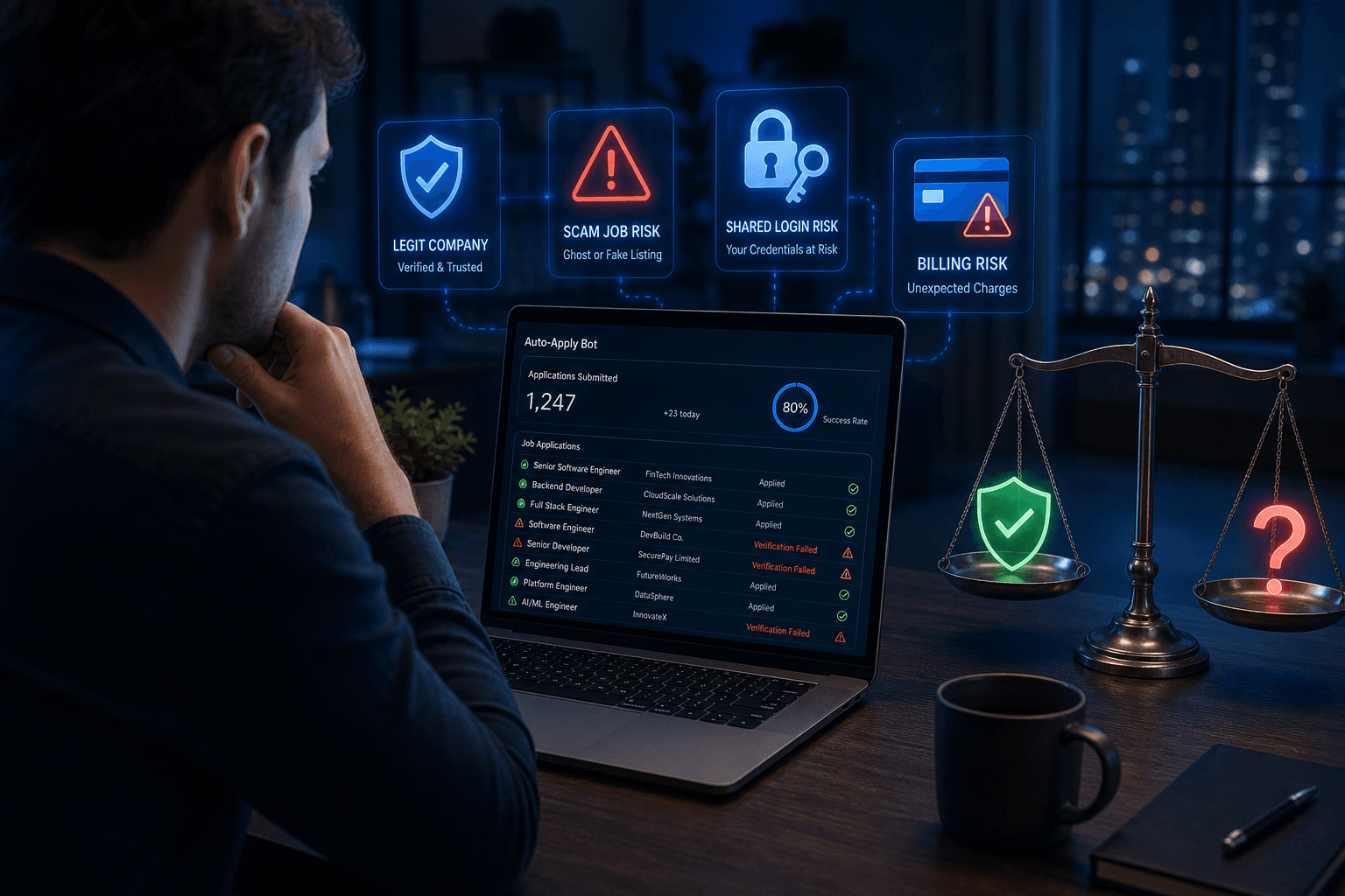 Assessment of the JobCopilot auto-apply bot showing scam and ghost job exposure and shared login credentials versus verified direct outreach from a personal Gmail inbox