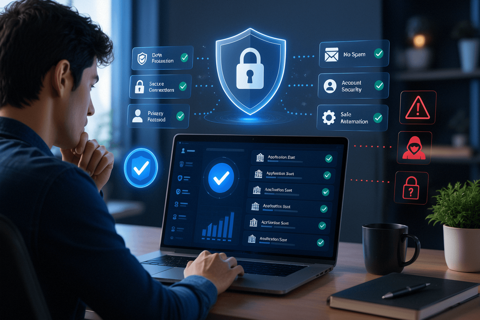 Risk assessment of the LazyApply auto-apply Chrome extension showing LinkedIn account-ban exposure versus safer direct hiring-manager outreach from a personal Gmail inbox