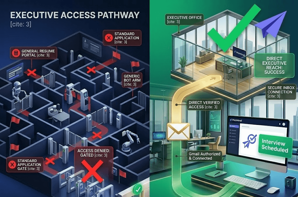 Executive access pathway: maze of standard ATS application gates with denial flags versus a direct verified Gmail path to an executive office with an interview scheduled