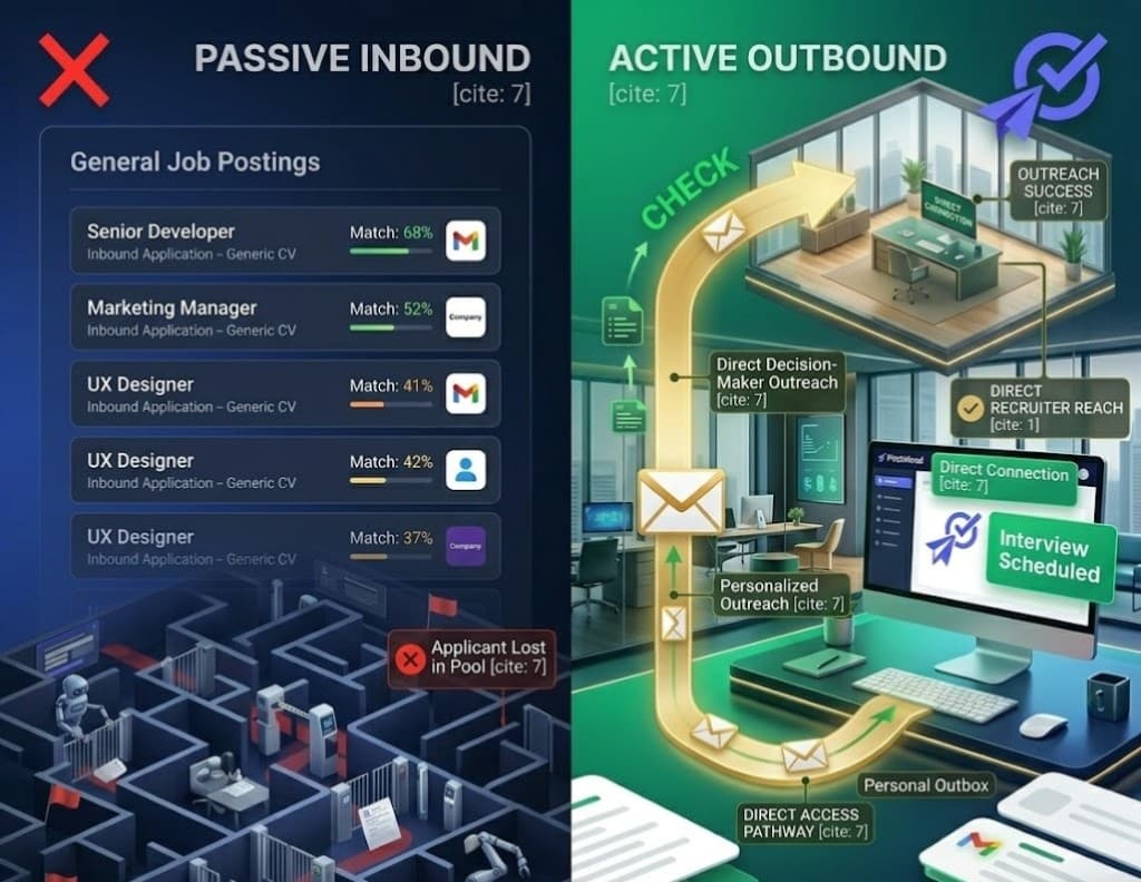 Comparison between passive AI job matching dashboards and direct hiring-manager outreach delivered from a candidate Gmail outbox