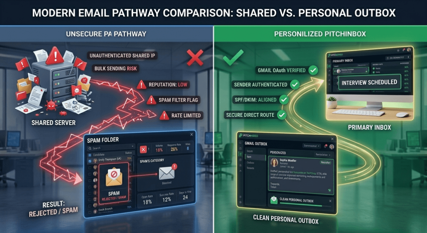 Diagram contrasting shared proxy email infrastructure routing to spam versus PitchHired Gmail OAuth path delivering to a hiring manager primary inbox