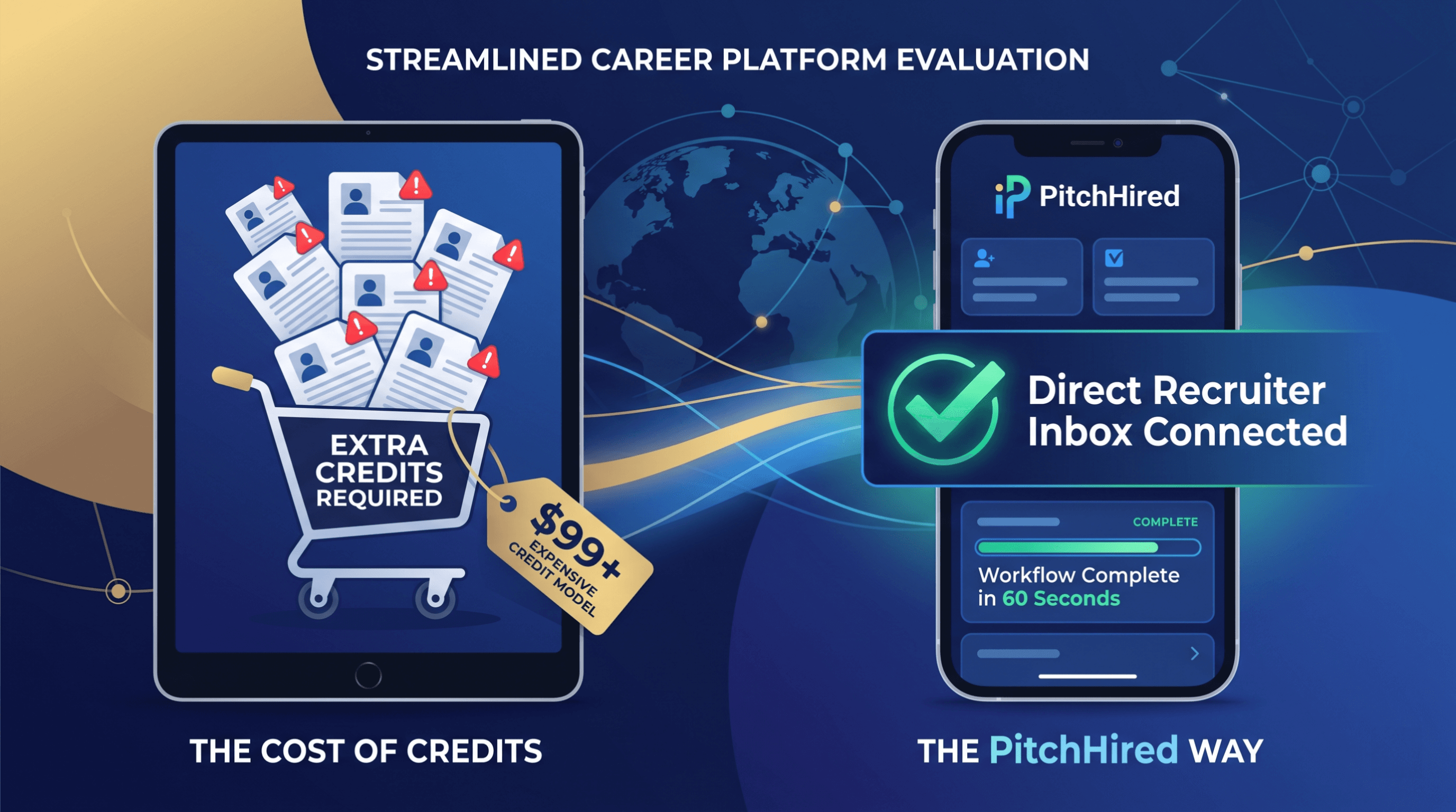 Comparison of AIApply expensive credit-pack mass apply model versus PitchHired direct recruiter inbox connection completed in 60 seconds