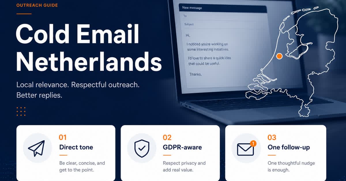 Dutch job outreach infographic with a short email draft, Netherlands map accent, and direct communication checklist