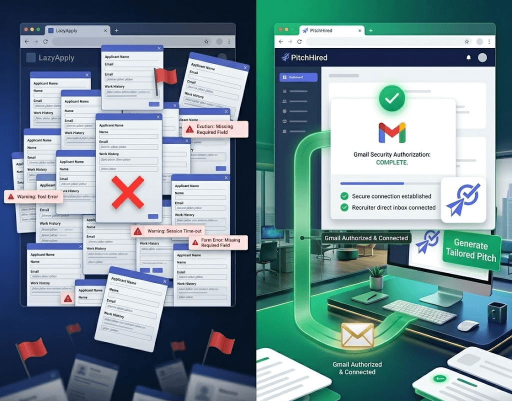 Comparison of LazyApply credit-pack mass auto-apply risks versus PitchHired direct recruiter inbox connection via Gmail with workflow completed in 60 seconds