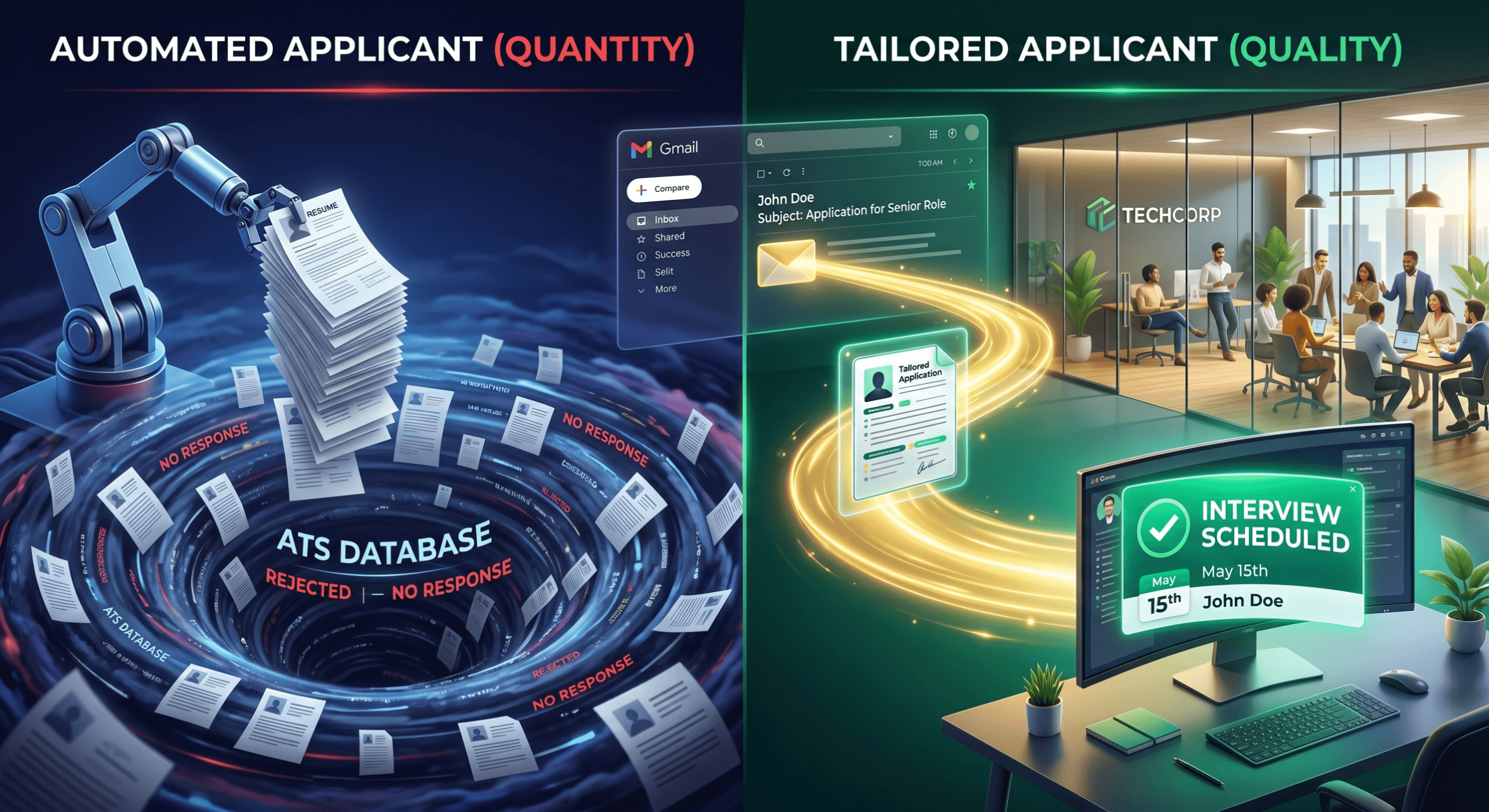 Side-by-side comparison of automated mass resume submissions into an ATS black hole versus a tailored application sent via Gmail directly to a hiring manager with an interview scheduled