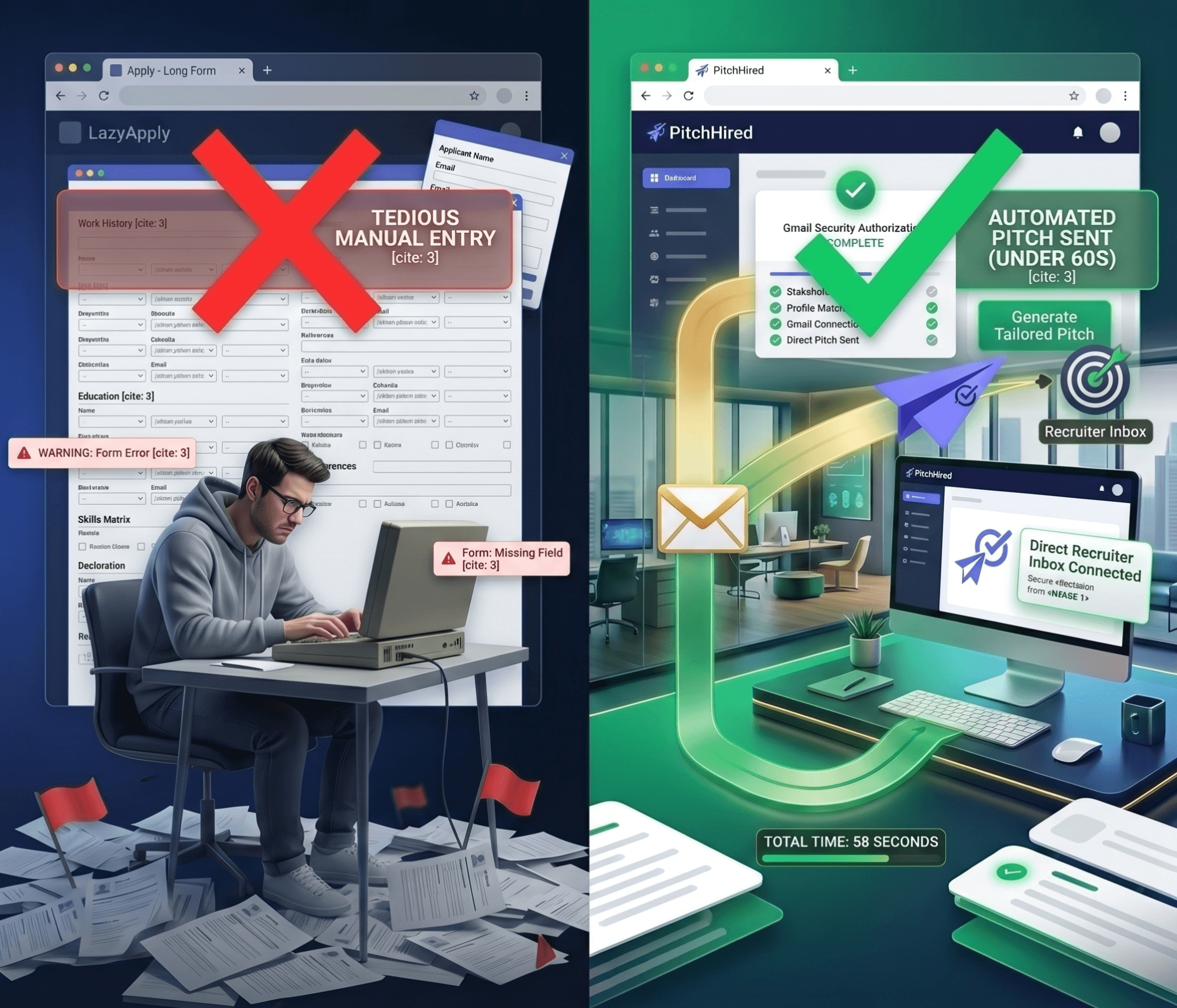 Stressed candidate facing tedious manual job application forms versus PitchHired automated Gmail outreach to a recruiter inbox in under 60 seconds