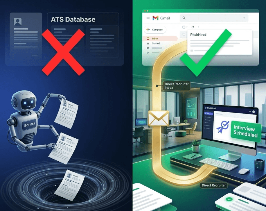 Sonara robot dropping resumes into an ATS database black hole versus PitchHired routing email through Gmail to a recruiter inbox and scheduling an interview