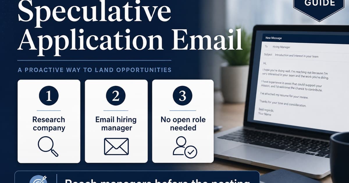 Speculative application email 2026 guide infographic with three steps: research company, email hiring manager, no open role needed